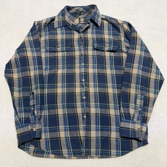 Timberland Men's Medium Flannel Shirt Blue / Beige Plaid 100% Cotton Workwear - Picture 2 of 16
